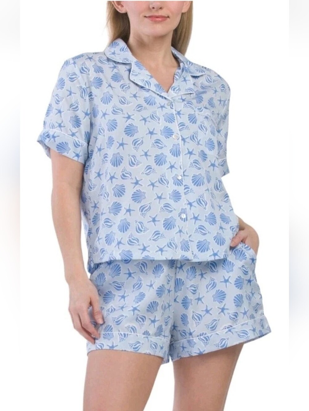 RACHEL ZOE Women Sleepwear 2pc Seashell Notch Collar Top & Shorts Set Size M